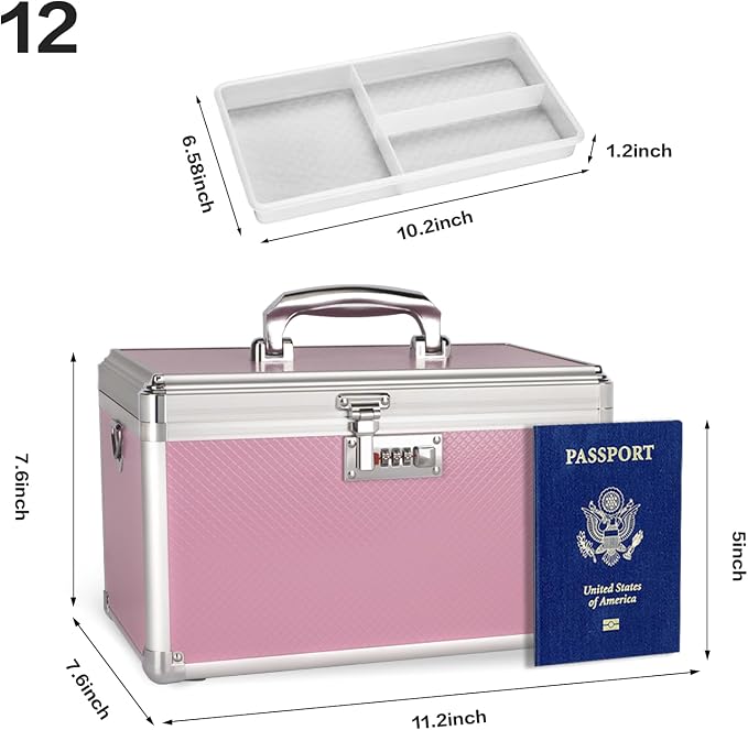 Medicine Box with Combination Lock - 11.2" x 7.6" x 7.6" First Aid Safe Medication Storage Case, Personal Items Safe Case for Hospital & Home & Outdoor 【Pink】