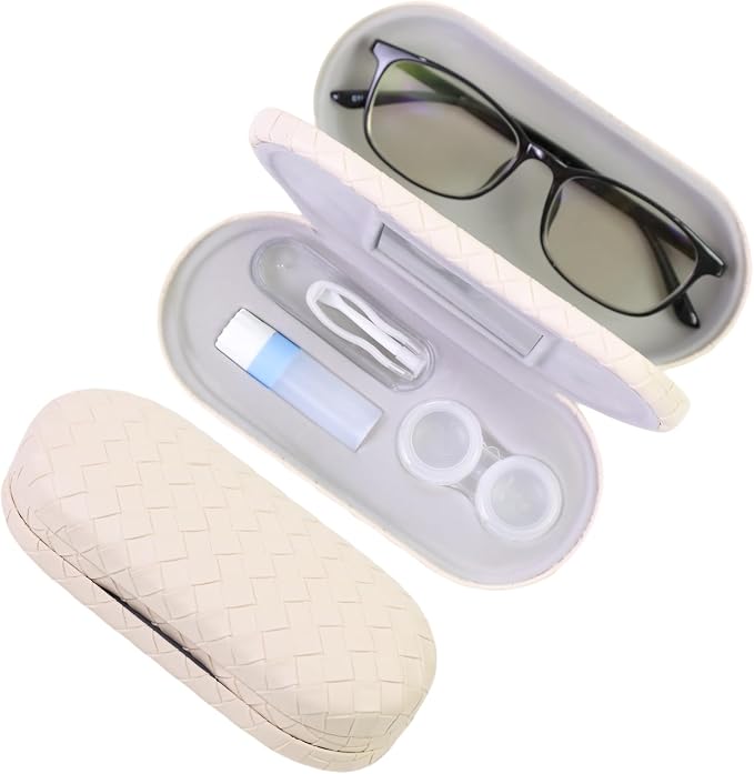 2 in 1 Contact Lens Case and Eyeglasses Case for Women Men Kids, Double Sided Hard Shell Portable Glasses Travel Holder with Built-in Mirror, Contact Lens Box Storage Kit, White