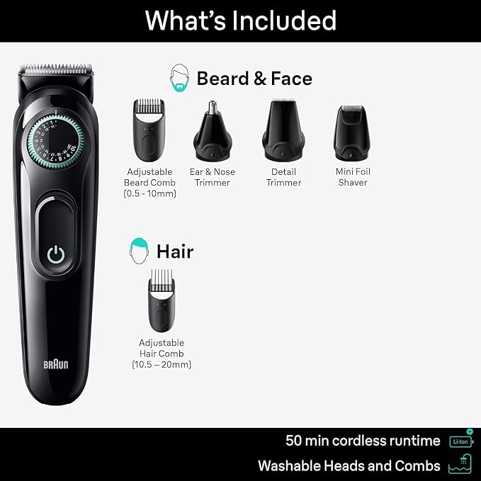 Braun All-in-One Style Kit Series 3 3460, 6-in-1 Trimmer for Men with Beard Trimmer, Ear & Nose Trimmer, Hair Clippers & More, Ultra-Sharp Blade, 40 Length Settings, Washable