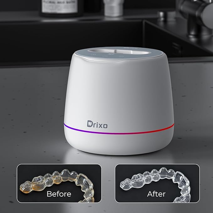 Drixo Ultrasonic Retainer Cleaner Machine, IPX6 Waterproof Dental Cleaning Pod, 3 Modes Denture Cleaner for Night Guard Mouth Guard Braces, 45kHz Denture Dome with UV Light, 200ML Tank, Arctic White