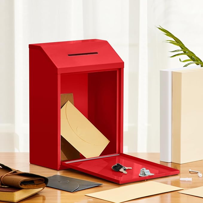 Yaocom Metal Money Box,Red,11.81 x 8.58 x 4.72 Inch,No Lid | Wall Mounted Drop Donation Cash Box for Farm Stand Collection Safe Suggestion Box with Lock Container for Home Office Outdoor