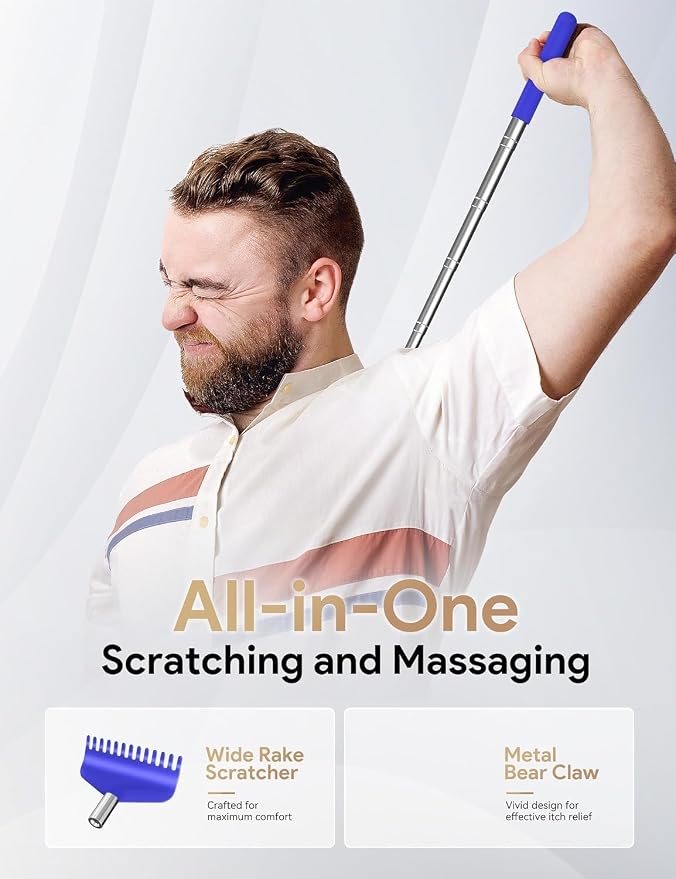 Telescoping Back Scratcher with 5 Detachable Heads, Gift for Men Blue | 10-30" Reach, Stainless Steel Pole, Rubber Grip, Christmas Stocking Stuffers, White Elephant, Anniversary and Birthday Gift