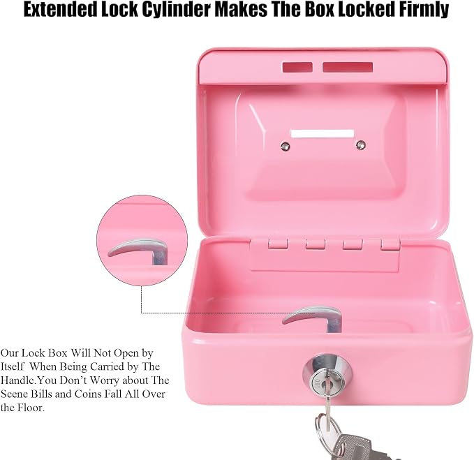 Jssmst Small Cash Box with Lock and Slot, Metal Coin Piggy Bank for Adults and Kids, Pink Locking Money Box