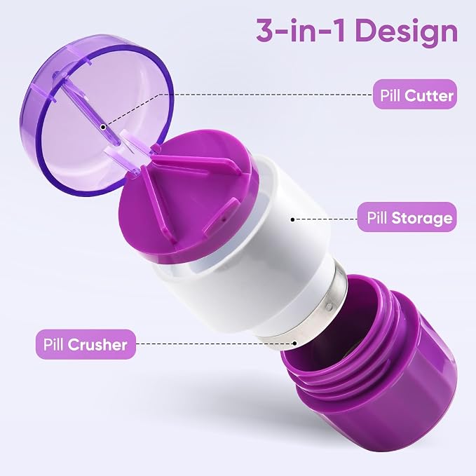 3-in-1 Pill Crusher and Pill Cutter, Pills Crusher Fine Powder with Stainless Steel Grinding Head, Pil Grinder with Storage for Tablets, Cutter Splitter for Small and Tiny Pills (Purple)