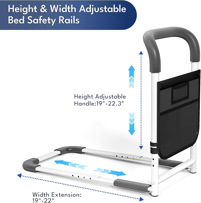 HOMEAL Bed Rails for Elderly Adults Safety - Adjustable Bedside Assist Rails for Seniors, Portable Bed Cane with Non-Slip Handle, Motion Light & Fixing Strap, Fit Standard & Adjustable Bed(Grey)