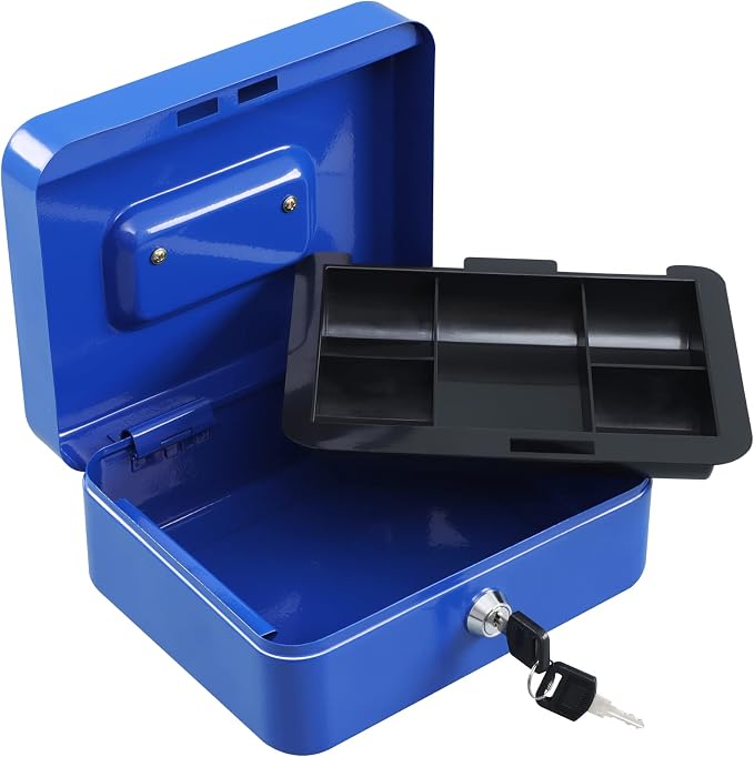 xydled Locking Steel Medium Cash Box with Removable Coin Tray and Key Lock,7.87"x 6.30"x 3.54",Blue