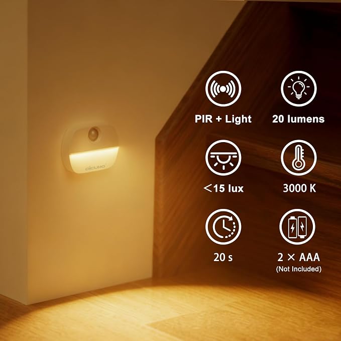 DiCUNO Motion Sensor Night Light, Stick-On, Battery Operated, 3000K, 4-Pack | Stick-On Nightlight with Dusk to Dawn Sensor, 20lm, Warm White, 0.5W, Night Lights LED for Bedroom, Bathroom, Hallway, Stairs