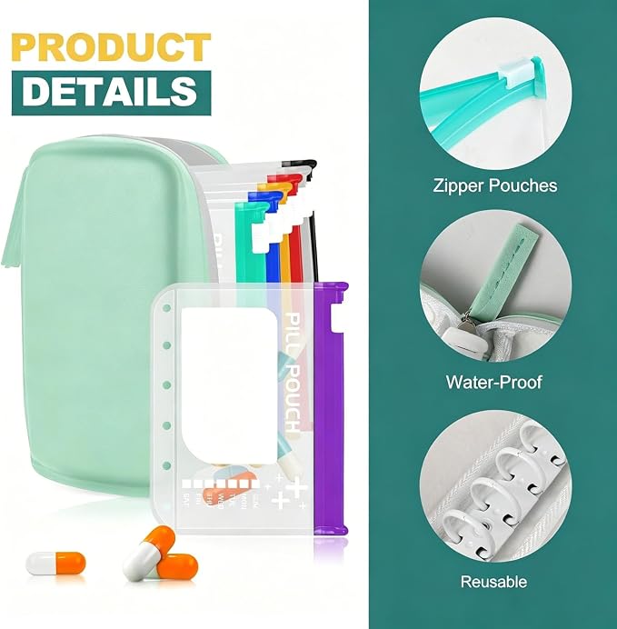 Waterproof Pill Organizer Set, Pill Pouch Organizer Binder, Waterproof Pill Pouch Set, Travel Medicine Organizers with 14 Color-Coded Pouches, Leakproof Reusable Zippered Storage Case(Green)