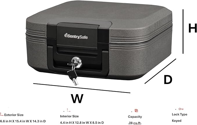 SentrySafe Dark Gray Fireproof and Waterproof Safe with Key Lock, Chest Lock Box with Carrying Handle for Travel, 0.28 Cubic Feet, 6.6 x 15.4 x 14.3 Inches, CFW20201