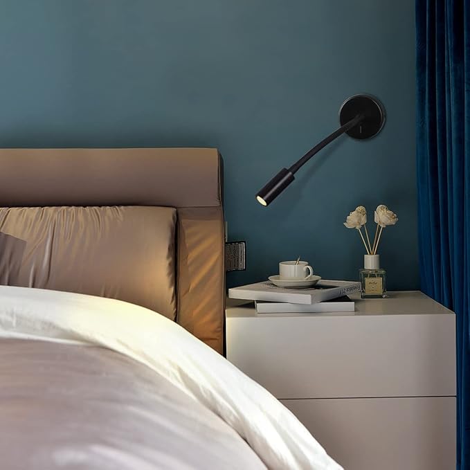 Wall Mounted Reading Lamp LED 3W Warm White 3000K Hardwired for Reading Matt Black(Black Hard-Wired 2PCS)