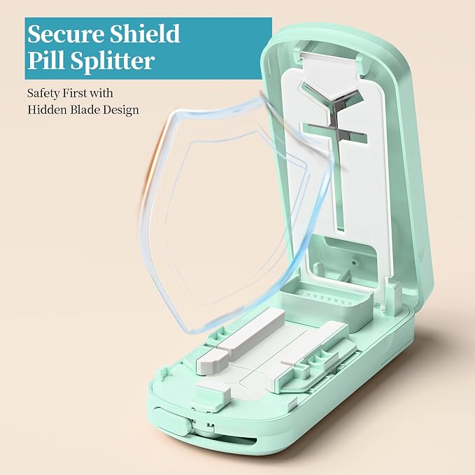 Daviky Pill Cutter Splitter for Small & Tiny Pills, Dual Safety Blades, Adjustable Centering Slot, Precise 1/2 1/3 1/4 Tablet Cutter, Built-in Storage, Portable & Senior-Friendly（Green）