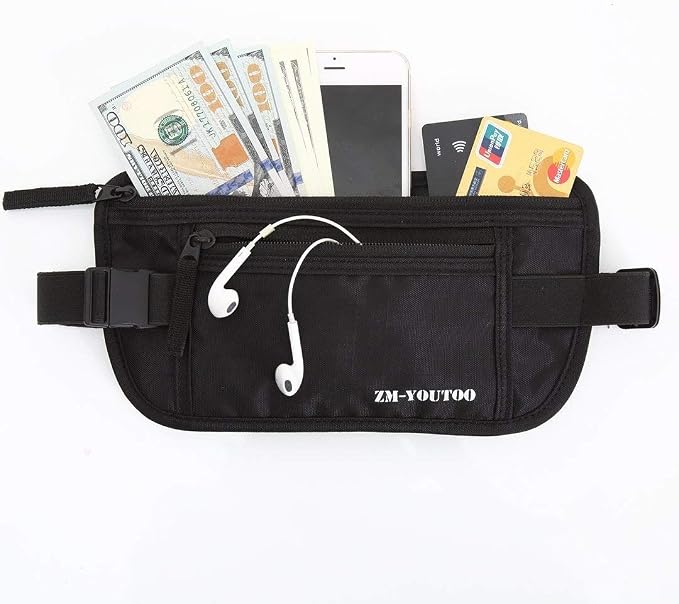ZM-YOUTOO Money Belt for Travel - Hidden Travel Pouch Protect Your Credit and Money With RFID Blocking Passport Holder Waist Wallet (Black)