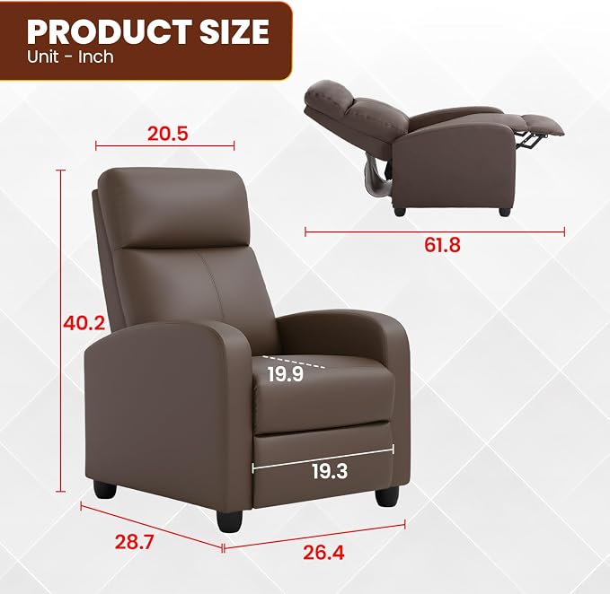 BestMassage | Recliner Chair | No Massage Function | Pu Brown | with Lumbar Support, Adjustable Push Back, Wide Armrests, Footrest & Padded Seat | Easy Assembly | for Living Room, Home Theatre