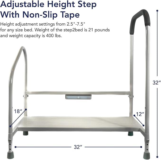 step2bed Deluxe Bed Rails for Elderly Adults - Adjustable Height Bed Safety Rail for Seniors with Cane Holder, LED Light, Mesh Bag, Handicap Grab Bars and More - Premium Bed Side Step Assist Device