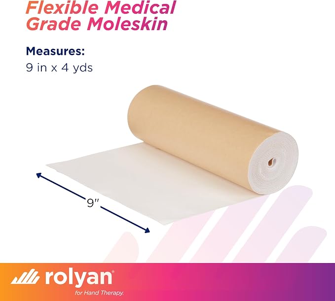 Rolyan Non-Latex Moleskin Roll, 9" x 4 yards, Beige, Padding with Paper Backed Adhesive, Cut to Fit for Splints, Braces, and Casts, Soft Flexible Tape for Blister Prevention & Skin Protection