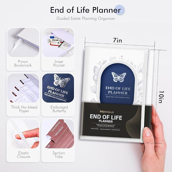 Molekaus End of Life Planner with Tabs, 7"x10" | Guided Estate Planning Organizer, Large Print, 120GSM Thick Paper, Inner Document Pockets for Final & Legal Affairs, White