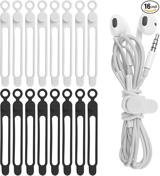 16Pcs 4.2" Silicone Cable Ties Cord Organizer for Cable Management, Reusable Cable Organizer Electronic Accessories in Home,Office,Kitchen,School,Travel (Black & White)