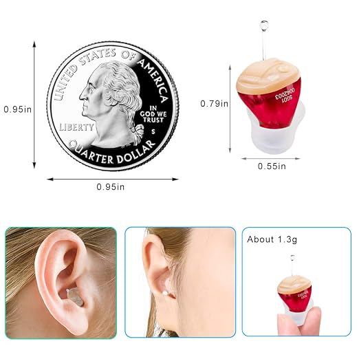 Mini Hearing Aids for Seniors, Battery Operated Hearing Amplifier | ITC Single Ear Hearing Device for Mild to Moderate Hearing Loss (Red, Right)