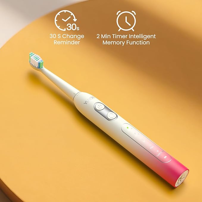 YUNCHI Electric Toothbrush Birthday/Valentine Plastic 8 Dupont Heads 24-Mo Deep Cleans Gentle Gums Removes Stains 3Hr USB-C 90d 2-Min Timer/30s IPX7 - Yellow Red