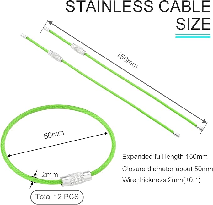 CooBigo 12 Pack Stainless Steel Loops 2mm Coated Wire Keychain Cable Large Key Rings 6 inch Key Chain for Women, Luggage Tags, Key Tags, Keyrings, Kitchen Utensils, Duster - Green