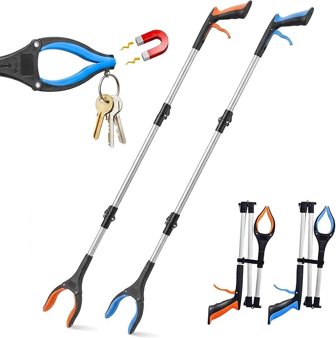 2-Pack 43" Extra Long Heavy Duty Grabber Reacher Tool, Foldable with 360° Rotating Jaw, Magnetic Tip, Ergonomic Grip, Wide Claw for Trash Pickup, Gardening & Reaching High Shelves – Ideal for Seniors