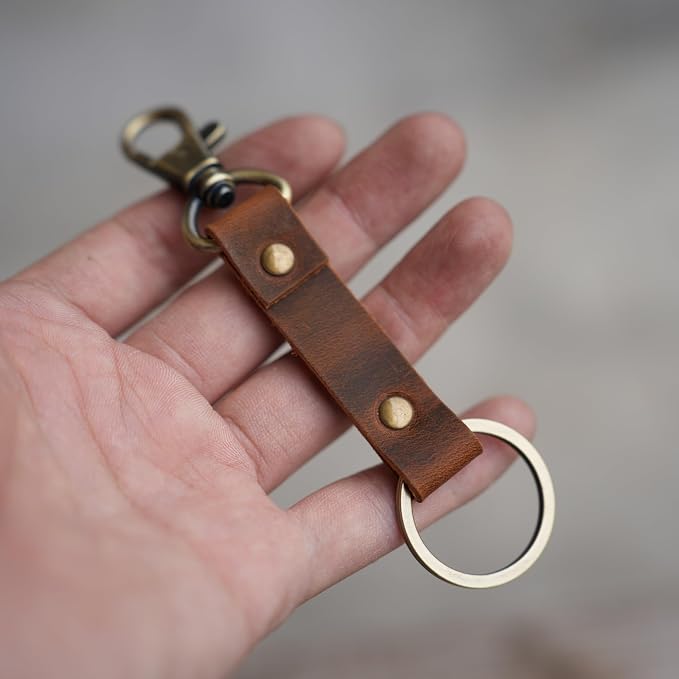 Genuine Leather Keychain Walnut Leather Key Holder Mens Belt Key Chain Ring Fob