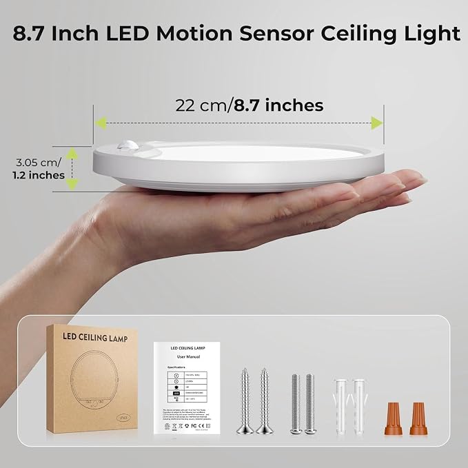 hepside 8.7Inch Motion Sensor Ceiling Light Wired, 3000K/4000K/6500K LED Flush Mount Ceiling Light Fixture,18W Motion Sensor Light Indoor with Timer for Closet Stair Porch Hallway Pantry,White