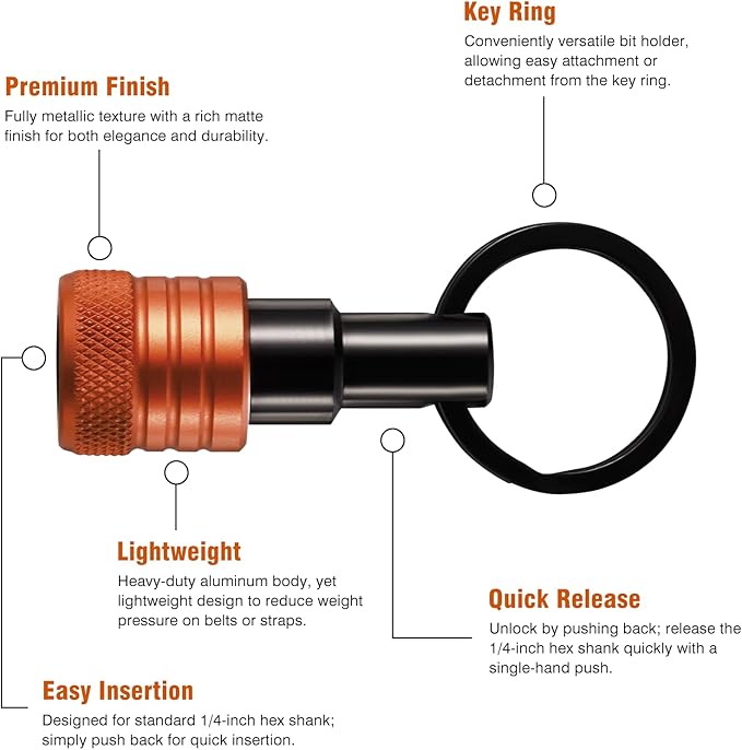 Bit Holder Keychain 12 Pcs, 1/4-Inch Hex Shank, Quick Release, Multi | Aluminum Alloy, Impact Drivers, Drill Bits, Tool Belt Use, Carabiner Clip, One-Handed Operation, Ball Lock, Compact Organizer