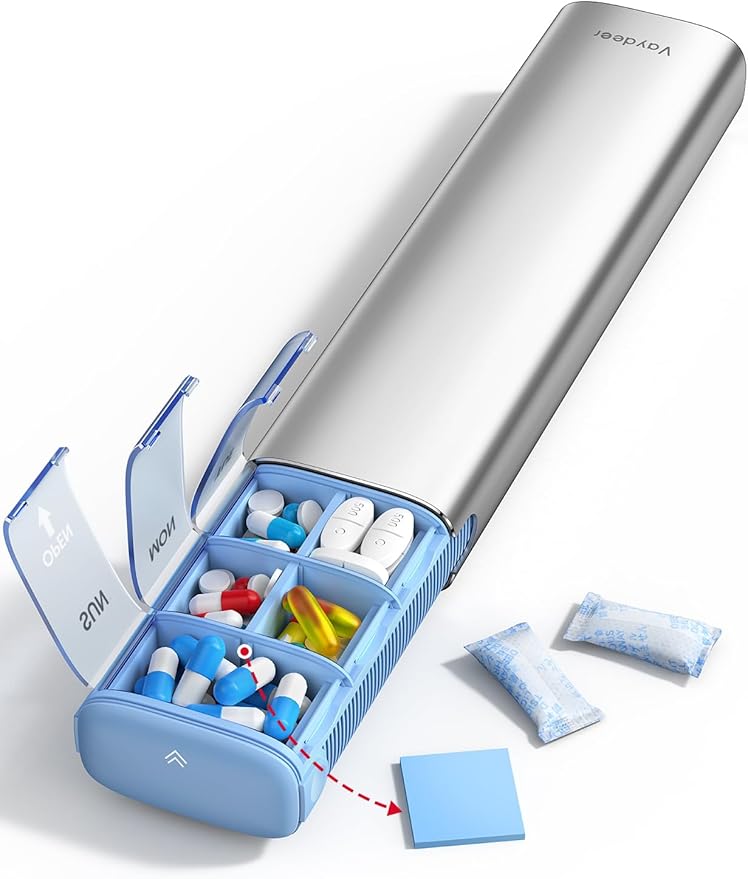 VAYDEER Metal Weekly Pill Organizer – Moisture-Proof Travel Pill Organizer with Built-in Desiccant Chamber and Airtight Lids – Large-Capacity Pill Box for Vitamins, Medicines & Supplements(Silver)