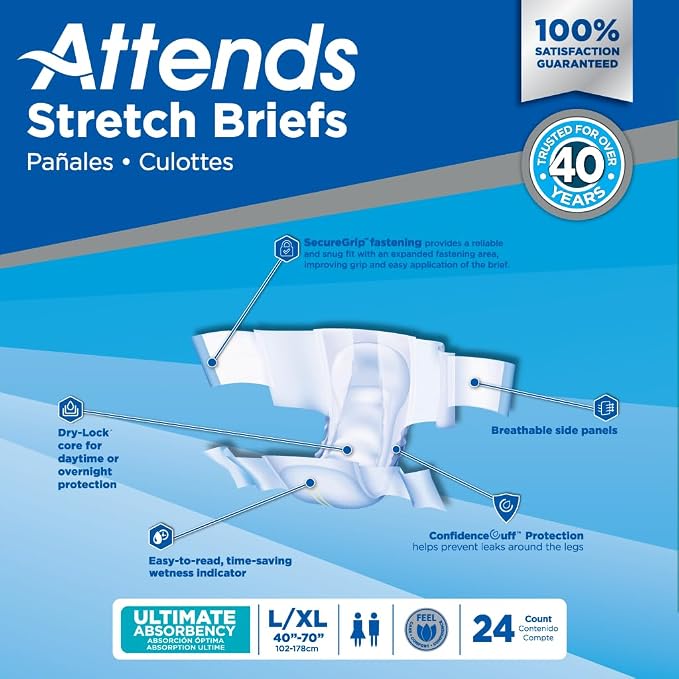 Attends Stretch Adult Incontinence Disposable Briefs, Large/X-Large, 40"-70" Waist with SecureGrip Tab Closure, Ultimate Absorbency with Dry-Lock Containment Core and Breathable Side Panels, 24ct Bag
