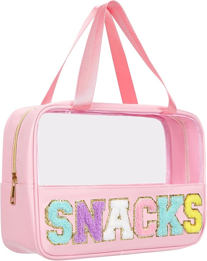 BuyCard Chenille Letter Patch Clear Travel Bags, Preppy PVC&Nylon Makeup Bag with Handle and Zipper, Waterproof Large Clear Travel Toiletry Bag Storage Bag for Women Girls