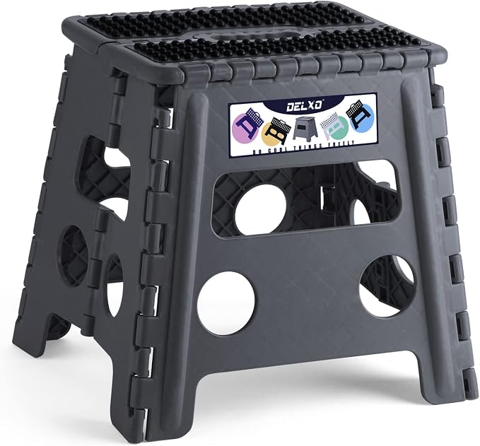 Delxo Folding Step Stool 13 inch Height Heavy Duty Foldable Step Stools for Adults and Kids,Kitchen Small Collapsible Fold Up Stepping Stool 1 Pack in Grey Dotted Texture
