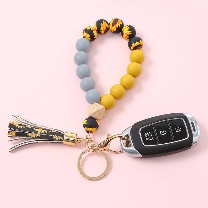 BAOSIWA Silicone Key Ring Bracelet Wristlet Keychain Unique Beaded Bangle Key Chains for Women with Leather Tassel