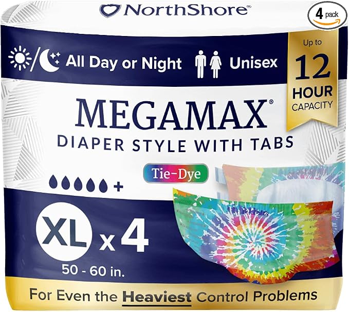 NorthShore MegaMax 12-Hour HBL Adult Diapers for Heavy Bladder Leaks, X-Large, 4 Count, Tie-Dye, 50-60 inches, Tab-Style Incontinence Underwear for Men, Women & Teens