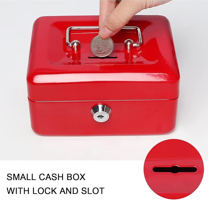 Jssmst Small Lock Cash Box, Locking Money Box for Kids with Slot on Top, Red Lock Box, 5.91 x 4.72 x 2.95 inches, CB003-R