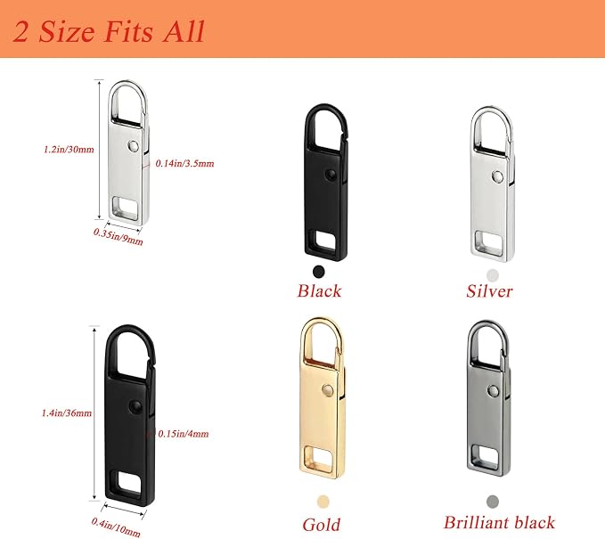 Urmspst Zipper Pull Replacement (Upgraded), 12 Pcs Detachable Zipper Pull Tabs for Luggage Clothing Jackets Backpacks Boots Purse Coat(2Size, 2 Color Black and Silver)