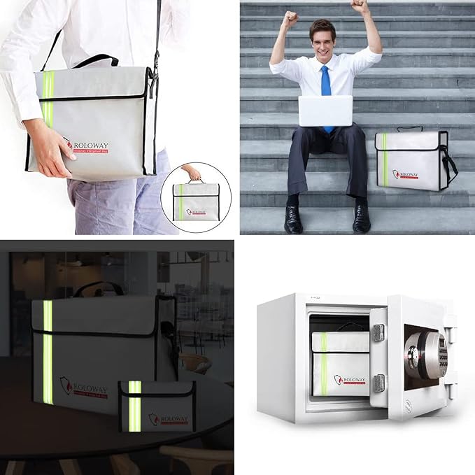 ROLOWAY Large (15 x 12 x 5 inches) Fireproof Bag with Reflective Strip, Water Resistant Fireproof Document Bag Safe for Money, Documents and Valuables Storage