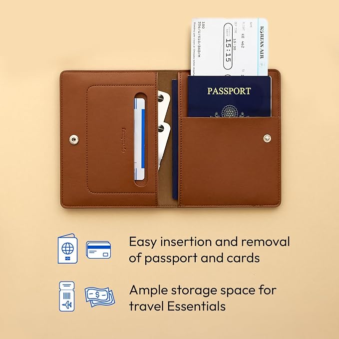Premium RFID Blocking Leather Passport Holder & Wallet – Brown | Family Travel Document Organizer – for 2 Passports, Cards, Boarding Passes & Travel Essentials