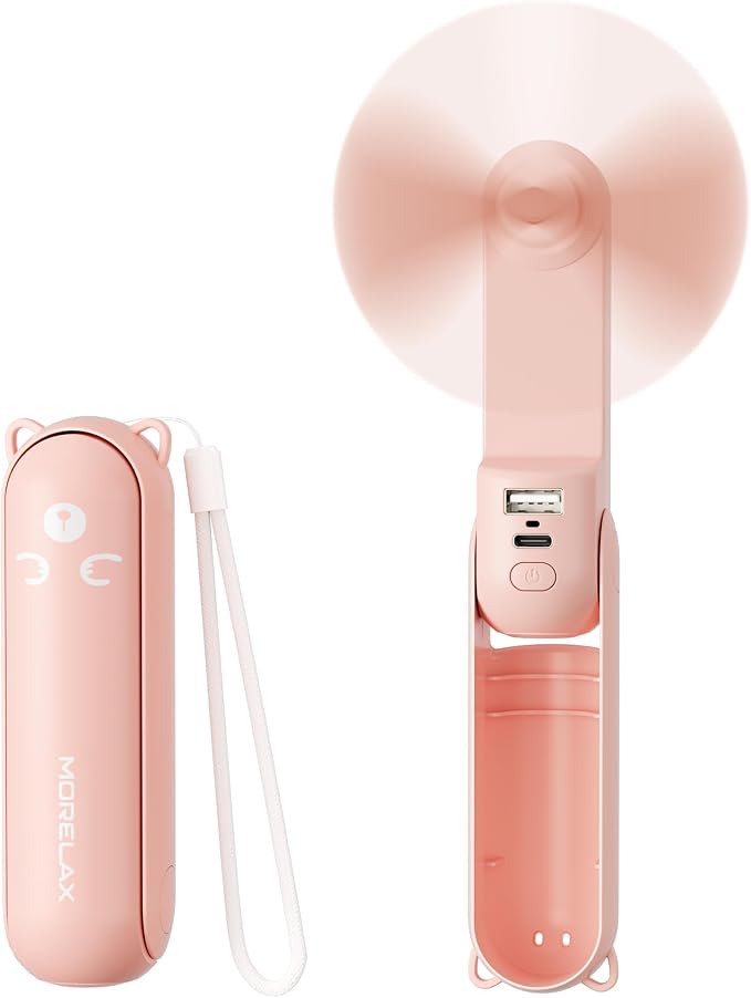 Morelax Portable Fan, Mini Handheld Fan with Power Bank, Cute USB Rechargeable Pocket Fan, Foldable Small Cooling Fan with LED Light, Personal Travel Fan,Summer,Beach Essentials,Summer Gift for Women