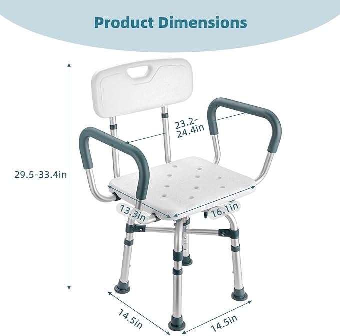 Swivel Shower Chair with Arms and Back, 500 lbs Heavy Duty Shower Seat for Inside Shower Stall and Bathtub, Height Adjustable Safety Bath Seat for Elderly, Adults, Handicap and Disabled