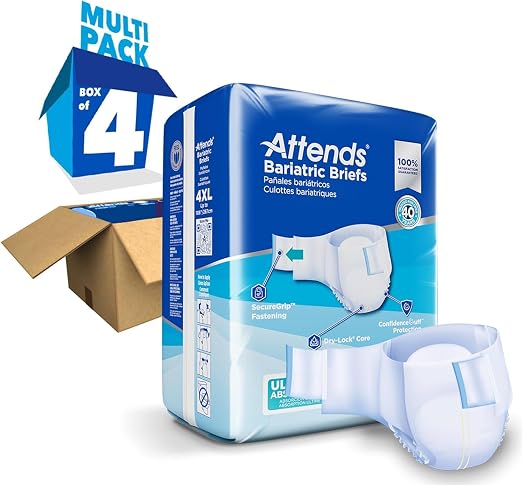Attends Bariatric Disposable Briefs, 4X-Large, up to 106” Waist with Tab Closures, Ultimate Absorbency and Leakage Protection, 32ct Case