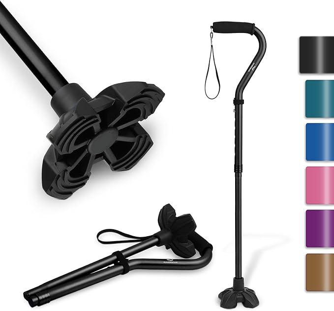 KINGGEAR F1 Walking Stick, Walking Cane for Women & Men, Self Standing Walkers for Seniors with Wrist Strap, Lightweight & Sturdy Offset EVA Handle and Large Quad Base