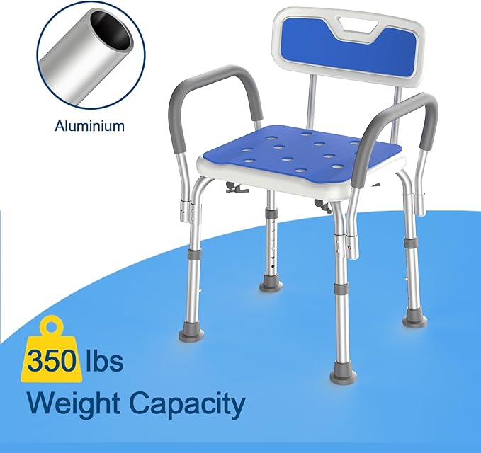 Shower Chair with Arms for Tub,Sturdy Aluminum Alloy Bath Chair,Slip Resistant Shower Bench,Height-Adjustable Shower Seat with Padded Handles for Seniors