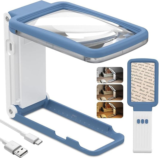 10X Magnifying Glass with Light and Stand, Real Glass Lens, Rechargeable Foldable Handheld Magnifier, 3 Color Modes Dimmable Lighted Page Magnifier for Reading Fine Prints, Seniors - Blue White