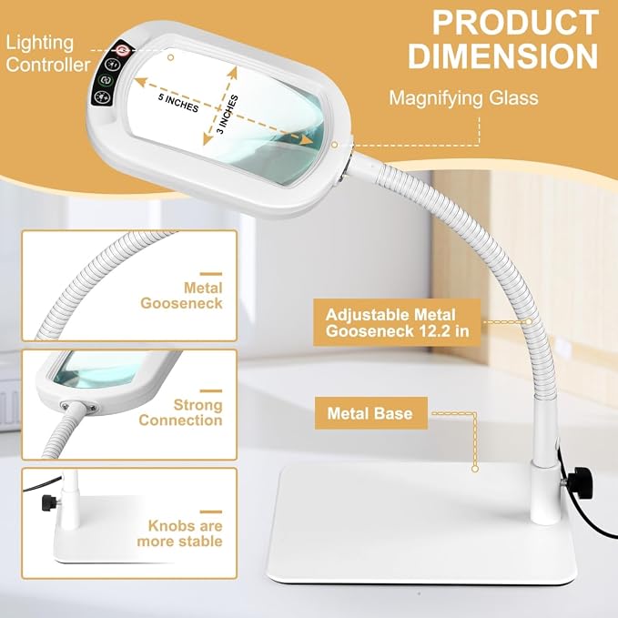 Veemagni 12X Rectangle Magnifying Glass with Light and Stand, Flexible Gooseneck LED Lighted Desk Lamp, 5 Color Modes Stepless Dimmable, Hands Free Magnifier for Reading Painting Close Work - White