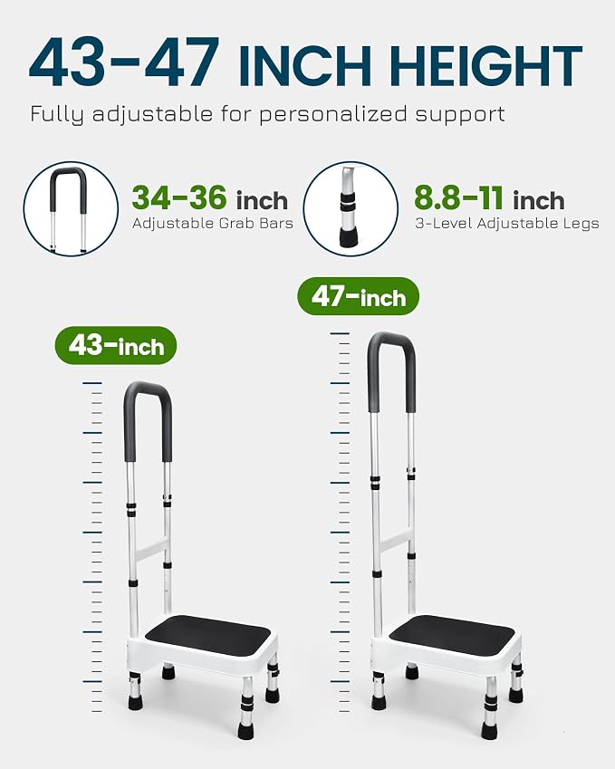 Step Stool with Handle for Elderly - Portable Step Stools for Adults - Step Stool for Bed - Stepping Stool with Adjustable Handle and Legs Supports up to 275 LBS, HDB-503A