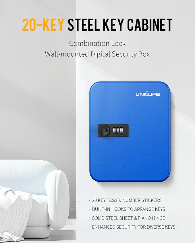Uniclife 20 Position Key Cabinet with Combination Lock Resettable Blue Digital Security Storage Box Steel Key Organizer with Colorful Key Tag Labels Stickers and Hooks