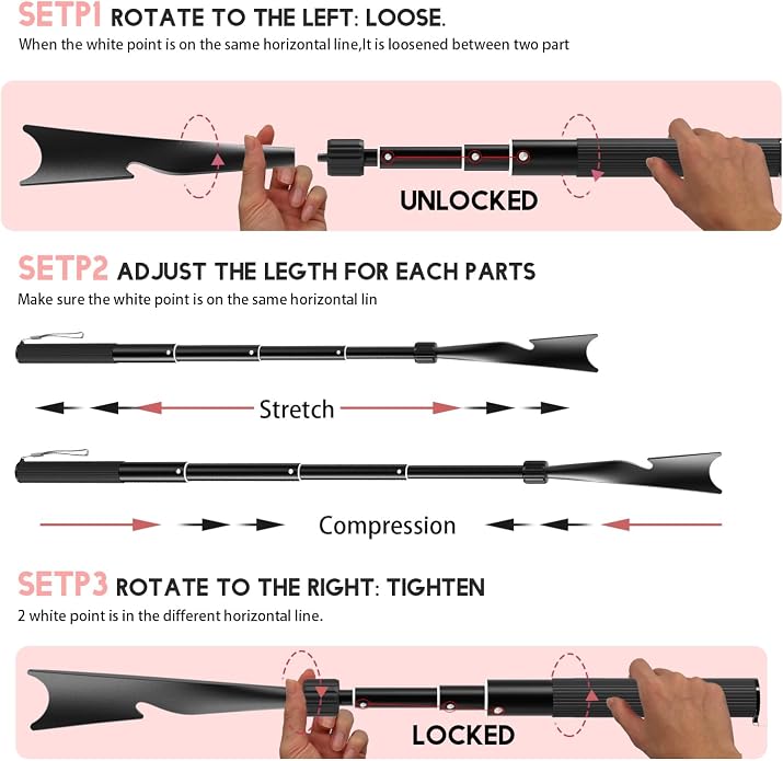 Shoe Horn Long Handle, 16.9"-37.4" Telescopic and Detachable Shoe Horn with Pants Hook and Sock Assist, Adjustable Long Handle for Seniors, Men and Women