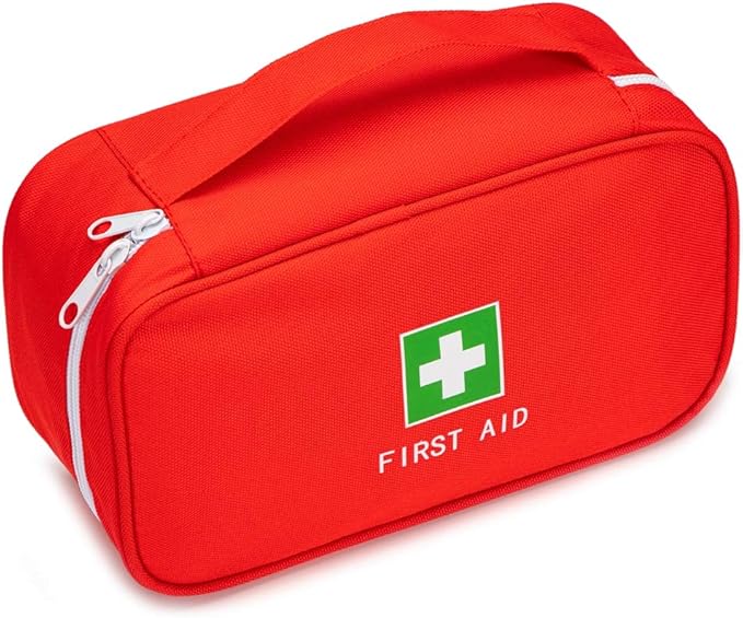 Jipemtra Red First Aid Bag Empty Travel Rescue Pouch First Responder Storage Medicine Emergency Bag for Car Home Office Kitchen Sport Outdoors (Red with Handle Green Print)
