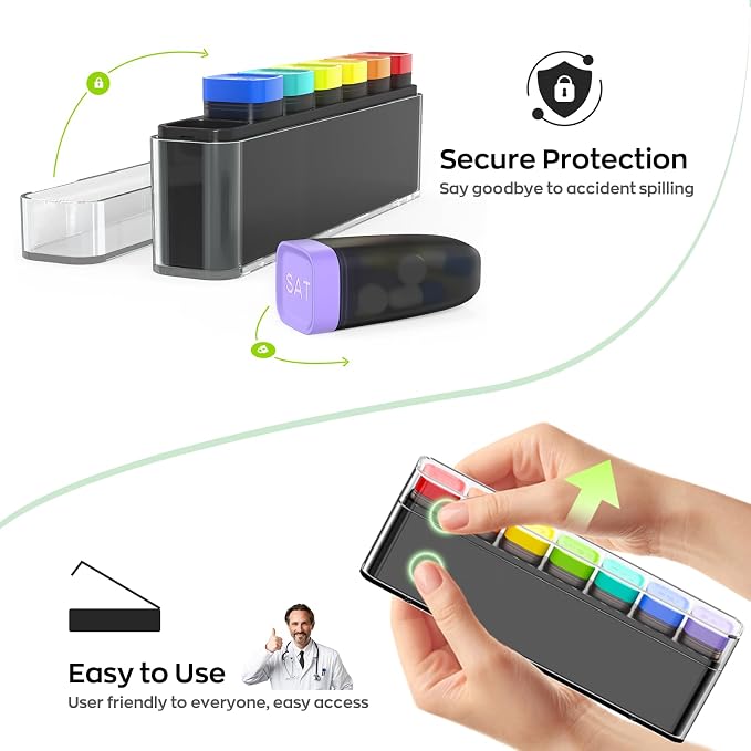HIONXMGA Weekly Pill Organizer, Detachable 7-Color Pill Box, Easy Tracking | Portable Travel Pill Case Container for Daily Vitamin Supplement Fish Oil, Silicone-Seal, Lasting Labels, Quick Fill (Clear)